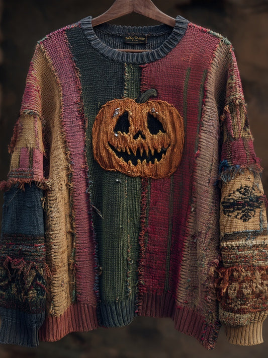 Halloween Spooky Pumpkin Face Embroidered Patchwork Knitted Sweater