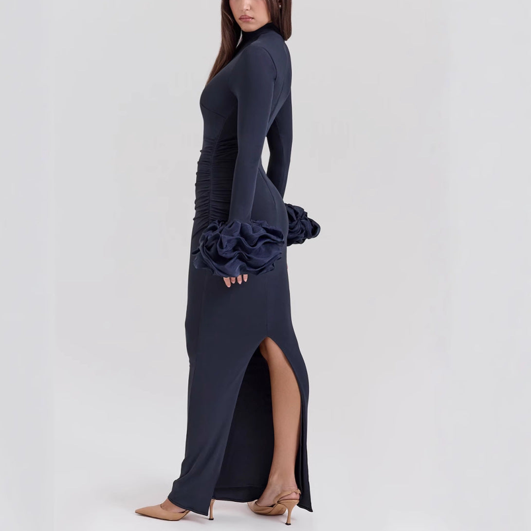 Navy Blue High - Neck Maxi Dress with Ruffled Cuffs
