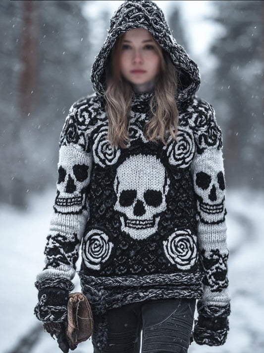 Women's Vintage Three-dimensional Skull Rose Black And White Warm Hooded Sweater