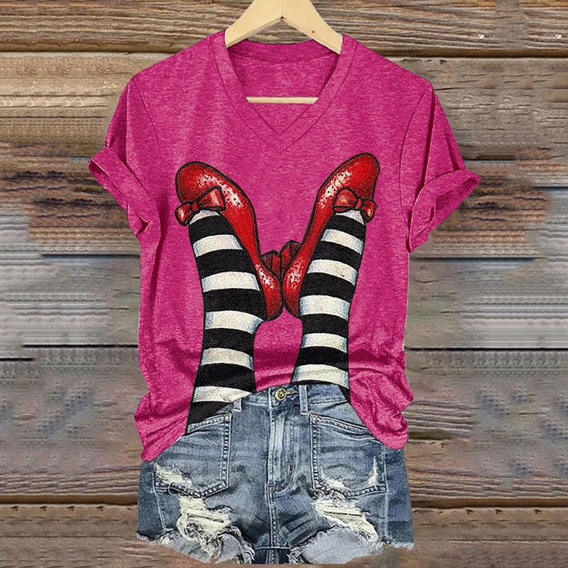 Classic Ruby Red Shoes Floral Painting V-Neck T-Shirt
