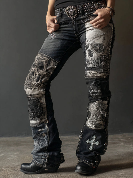 Vintage Rock Skulls & Cross Studded Patchwork Bootcut Jeans