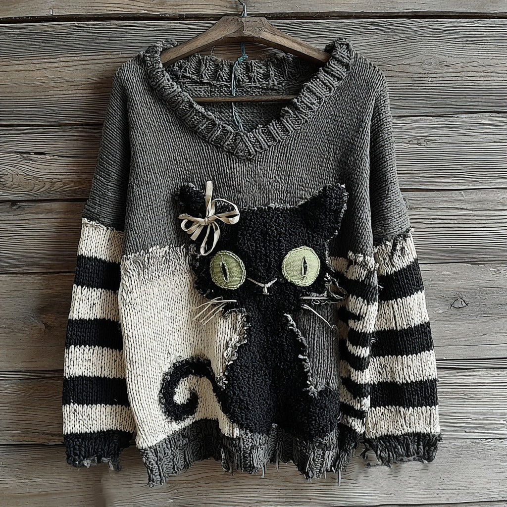 Halloween Black Cat Striped Patchwork Knitted V-neck Sweater