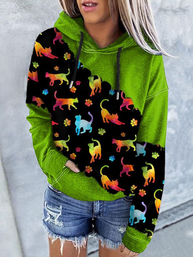 Halloween Cat Print Colorblock Hoodie