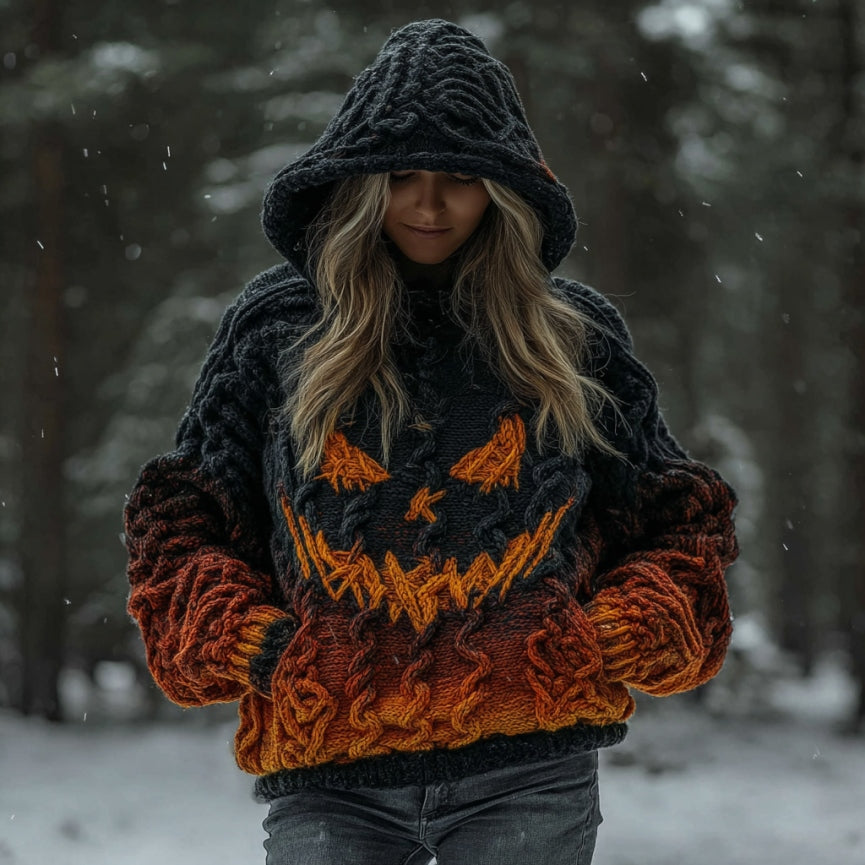 Women's Halloween Spooky Pumpkin Art Gradient Vintage Cozy Knit Hooded Sweater