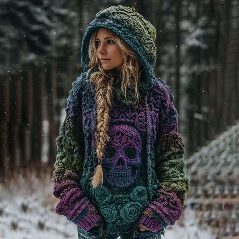 Women's Vintage Skull Gradient Art Knit Hooded Sweater