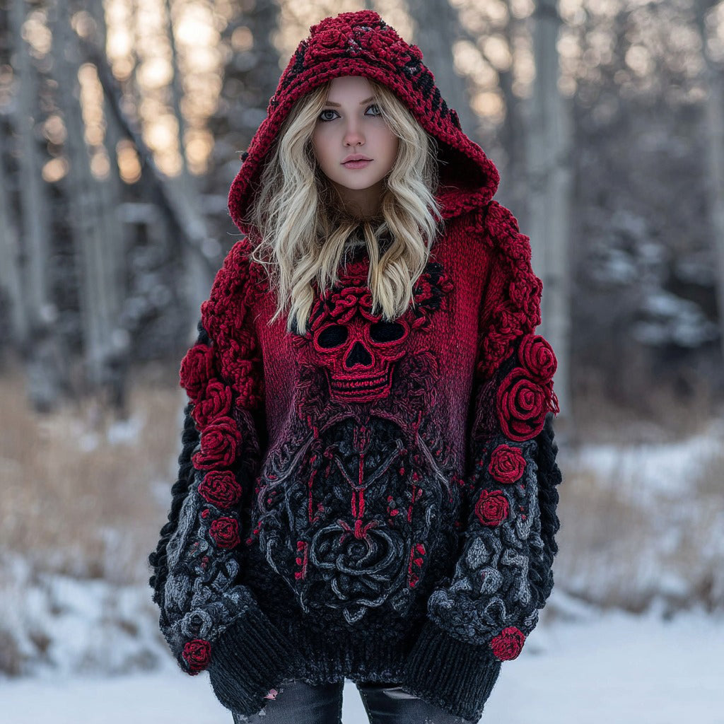 Women's Gothic Rose And Skull Inspired Jacquard Knit Hooded Sweater