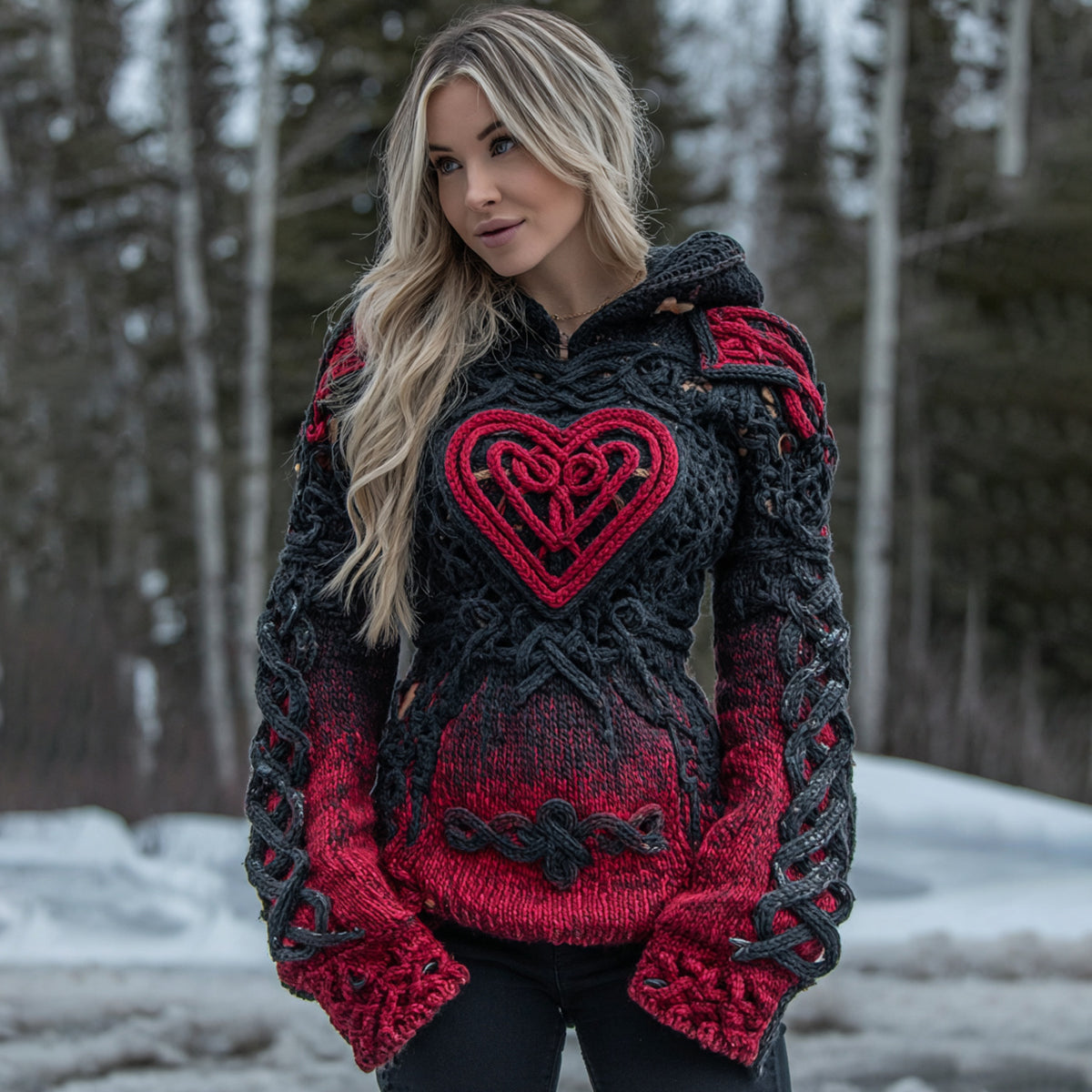 Women's Vintage Heart Art Knit Hooded Sweater