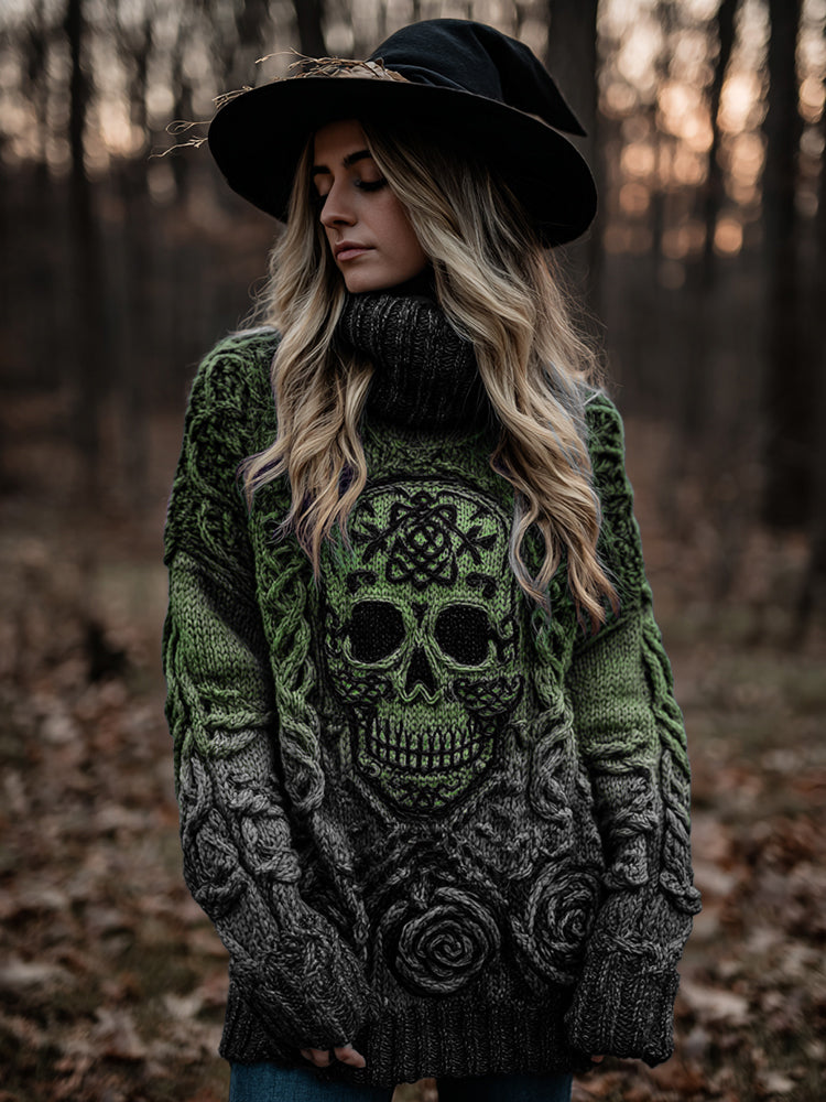 Women's Viking Tribal Jacquard Celtic With Rose And Skull Inspired Chunky Knit Turtleneck Sweater