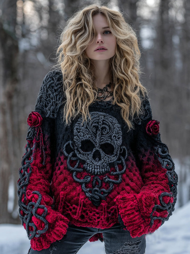 Women's Vintage Tribal Celtic Skull Rose Gradient Art Cozy Knit Sweater