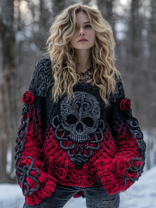 Women's Vintage Tribal Celtic Skull Rose Gradient Art Cozy Knit Sweater