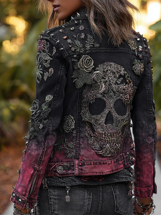 A Retro Women's Black-pink Gradient Denim Jacket With Gothic Skull And Floral Elements Design For Halloween.