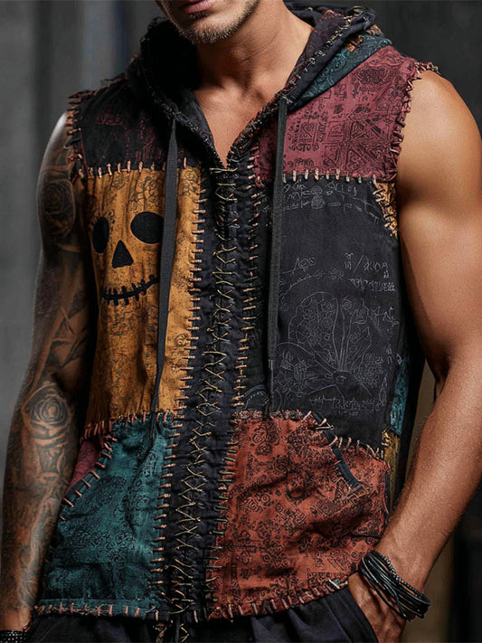 Halloween Pumpkin Emoji Thread Patchwork Art Men's Hooded Tank