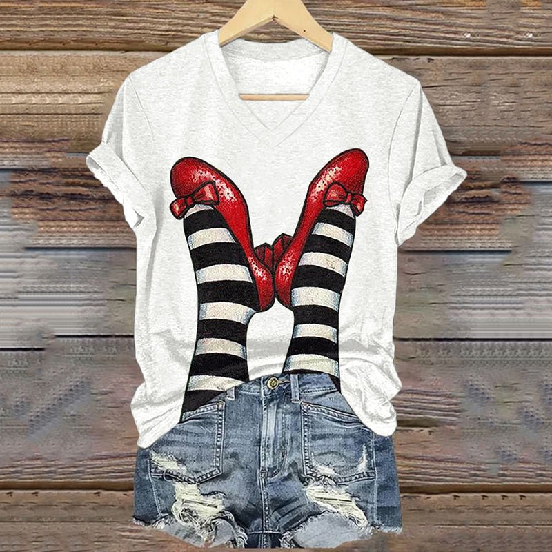 Classic Ruby Red Shoes Floral Painting V-Neck T-Shirt