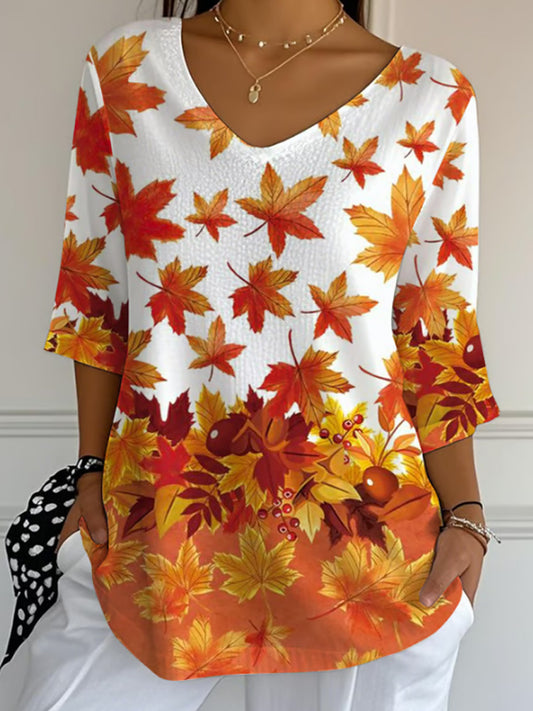 Women's Casual Autumn Maple Leaf Pumpkin Bubble Wrinkle Cotton And Linen Top