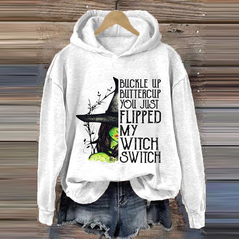 Women's Halloween Buckle Up Buttercup You Just Flipped My Witch Switch Print Casual Hoodie