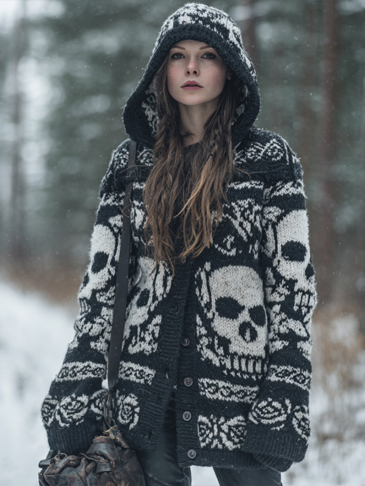 Women's Vintage Three-dimensional White Rose Casual Warm Hooded Cardigan Sweater