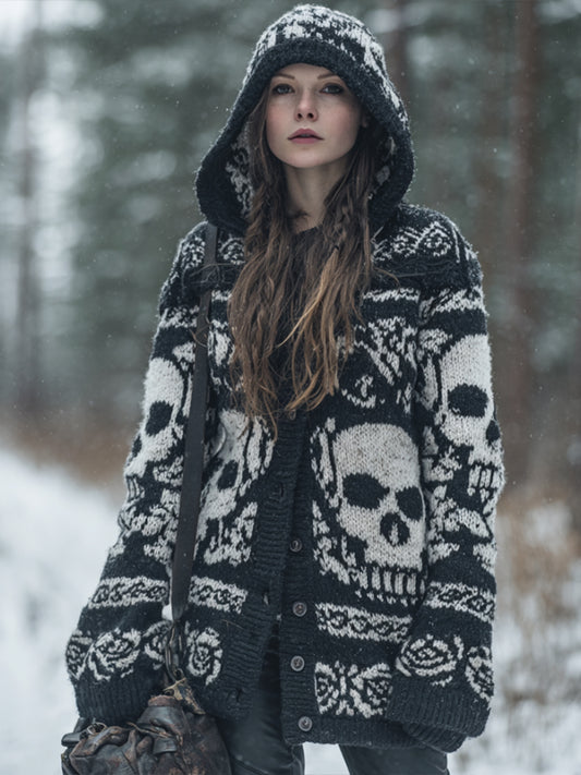 Women's Vintage Three-dimensional White Rose Casual Warm Hooded Cardigan Sweater