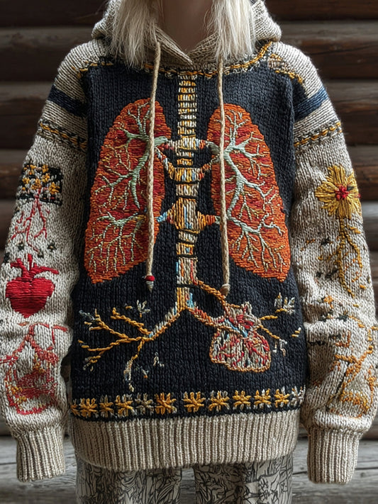 Vintage Halloween Anatomy With Floral Patchwork Art Chunky Knitted Hooded Sweater