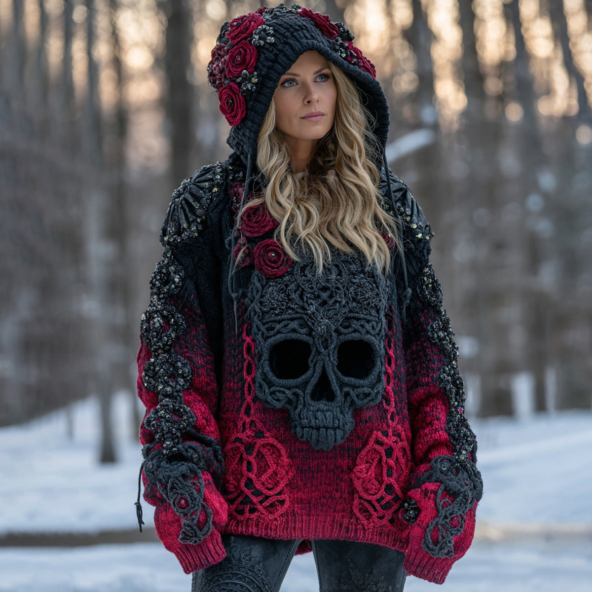 Women's Vintage Skull Flower Gradient Celtic Art Cozy Knitted Hooded Sweater