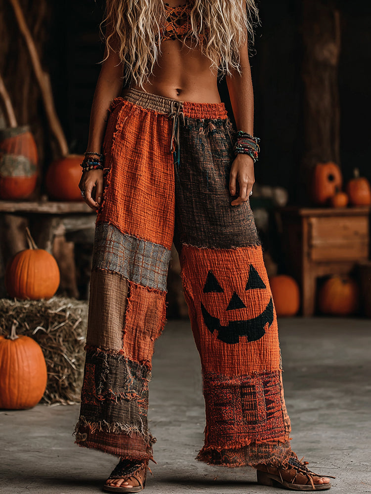 Classic Halloween Pumpkin Face Contrast Color Patchwork Linen Pants