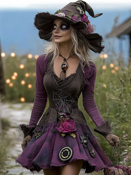 Women's Halloween Rose Spider Web Witch Cosplay Midi Dress