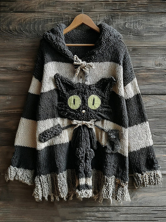 Halloween Cute Black Cat Striped Knitted Hooded Sweater