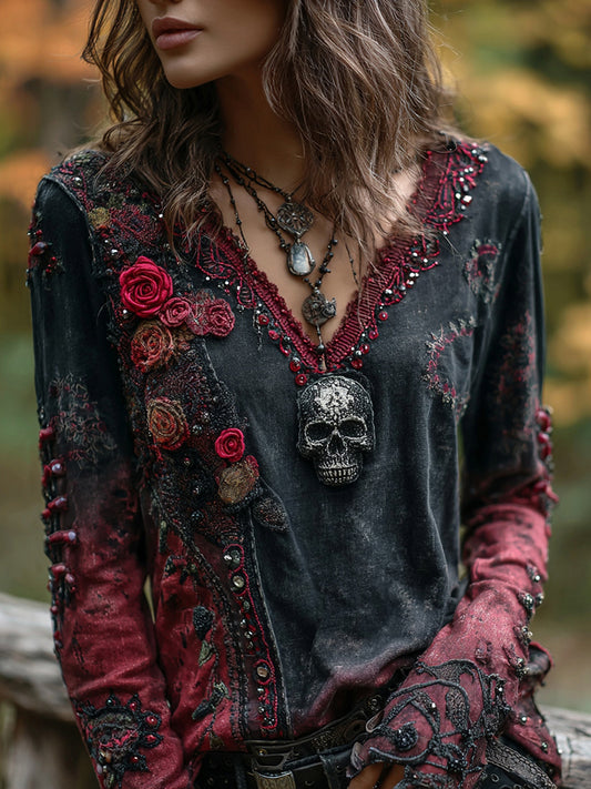 Vintage Rose Skull Hot Diamond Contrast Color V-neck T-shirt