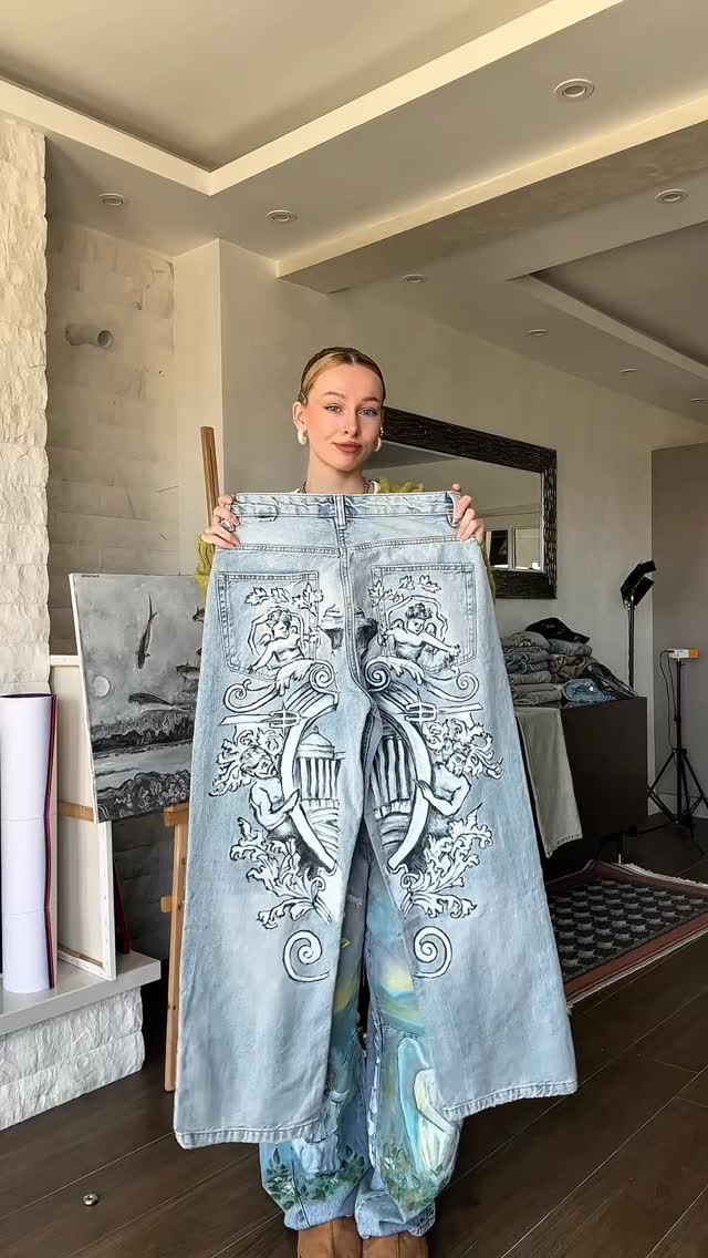 Light blue Baroque hand-painted jeans