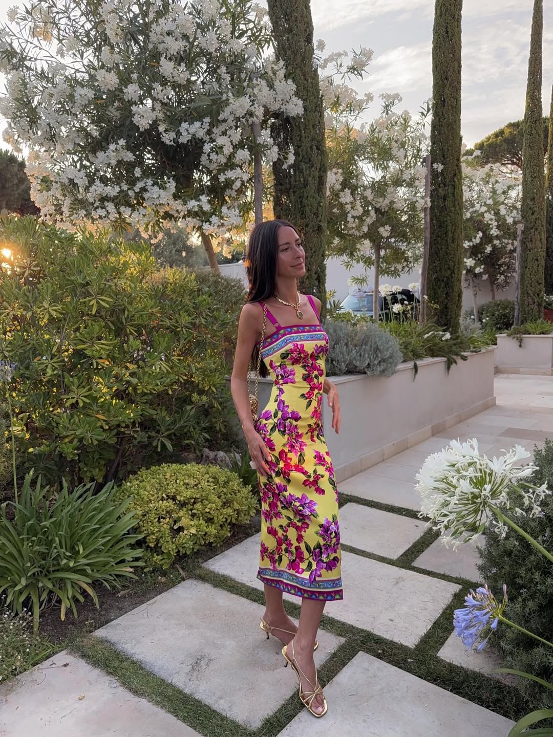 Yellow Floral Print Strapless Midi Dress