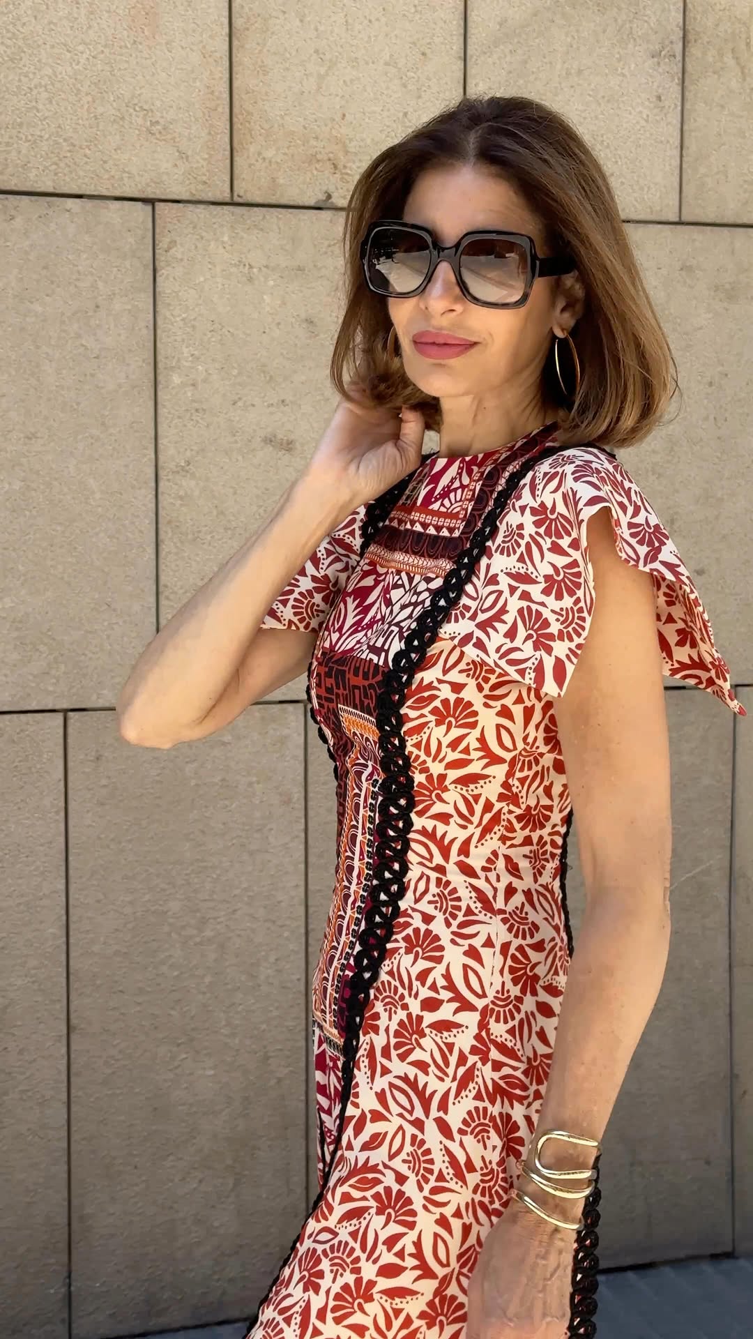 Red and Pink Puff Sleeve Graphic Midi Dress