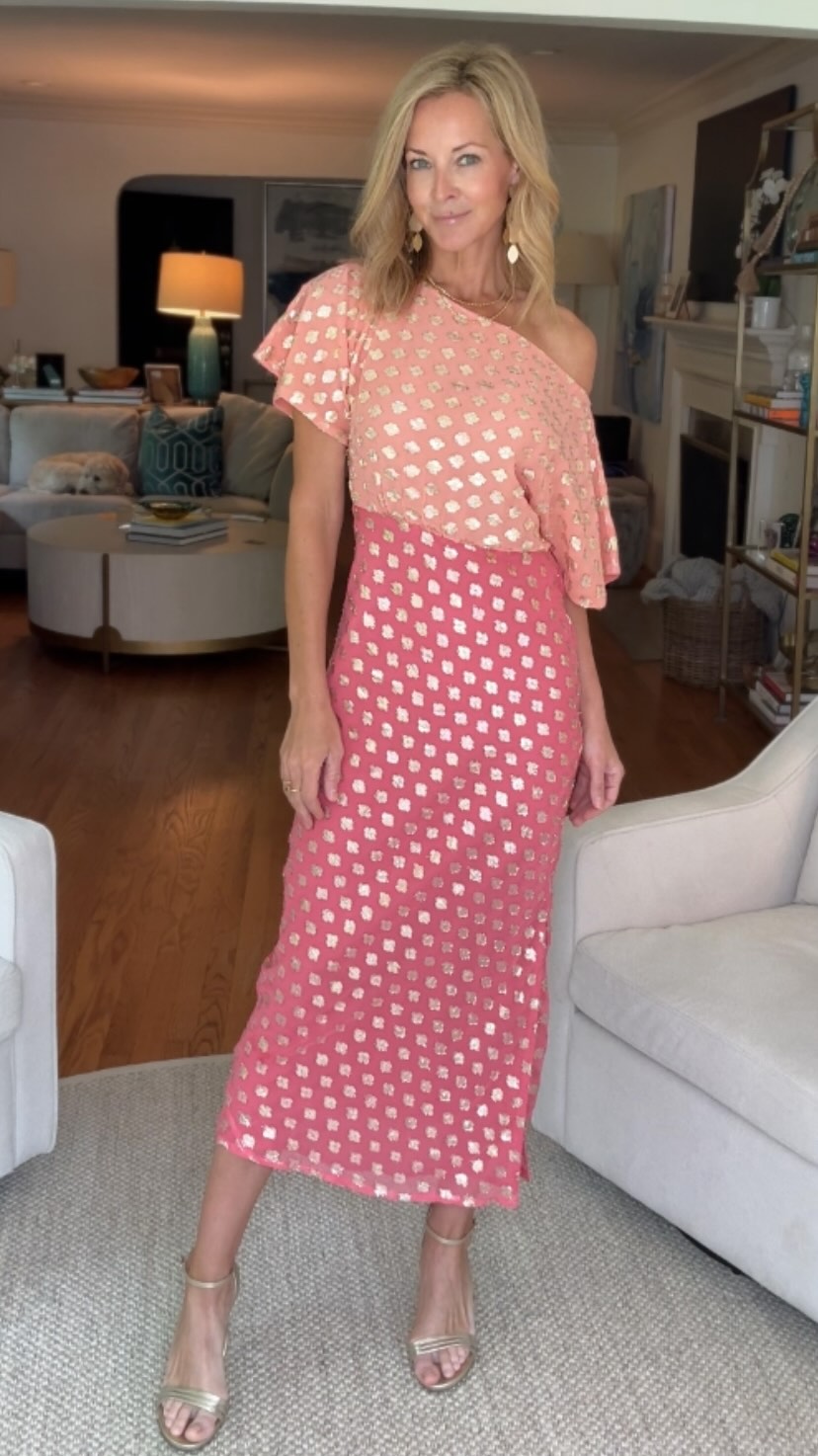 Pink and Gold Dot One - Shoulder Midi Dress
