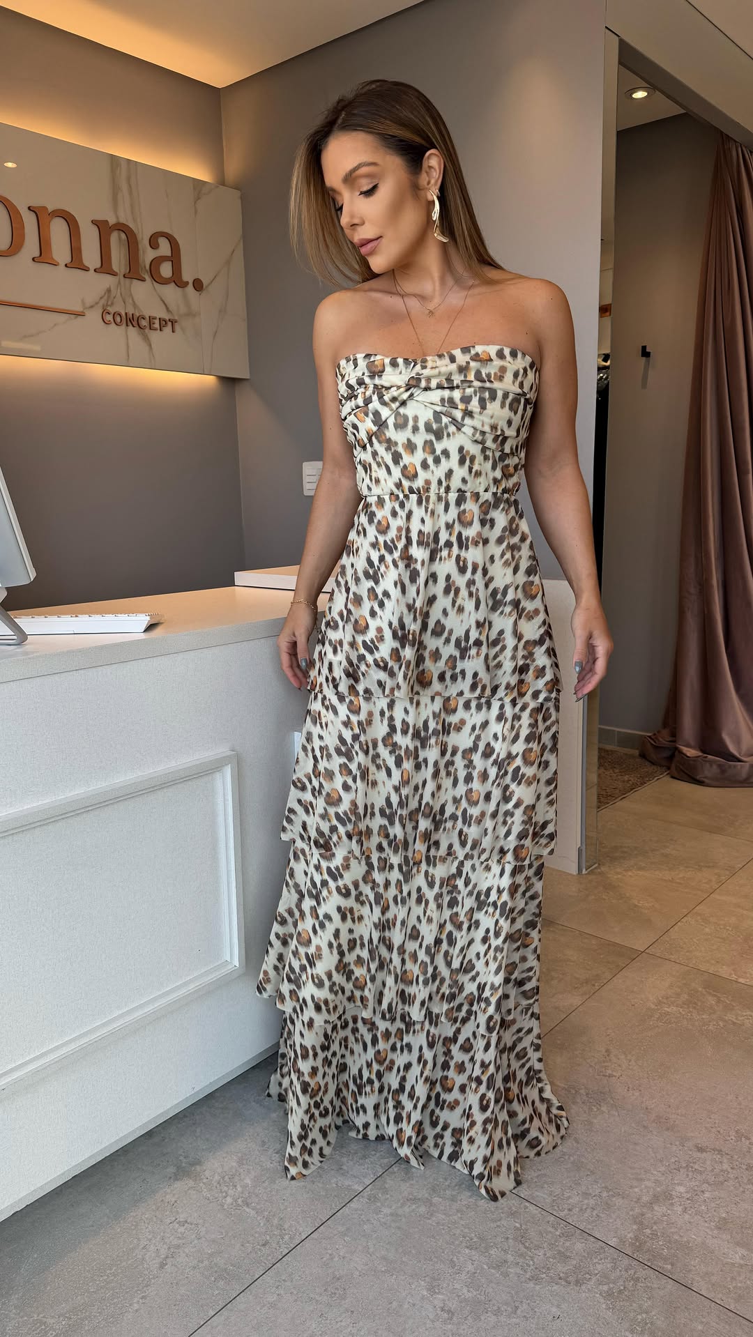 Leopard - Print Strapless Tiered Maxi Dress