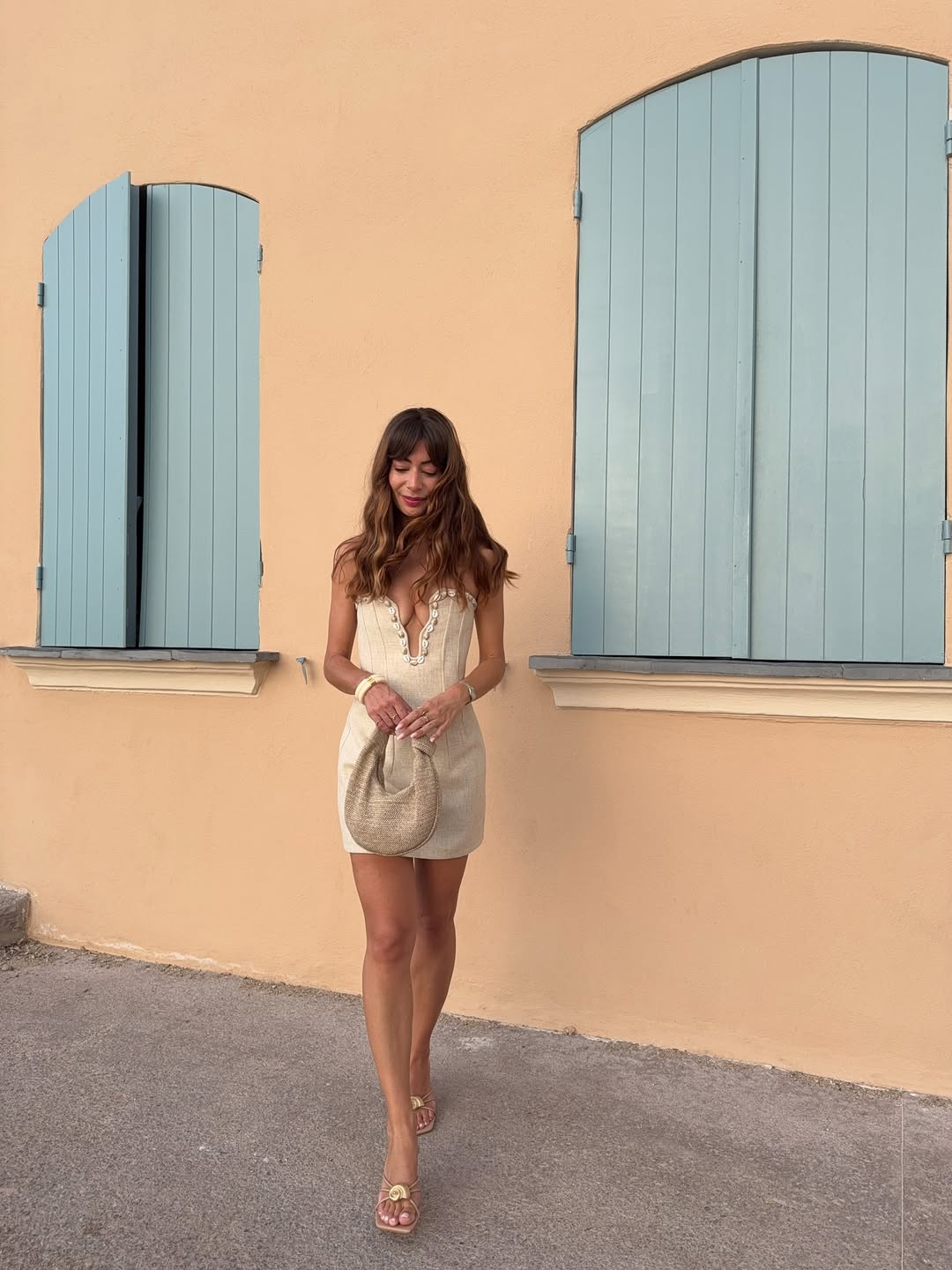 Beige Strapless Mini Dress with Shell Embellishments