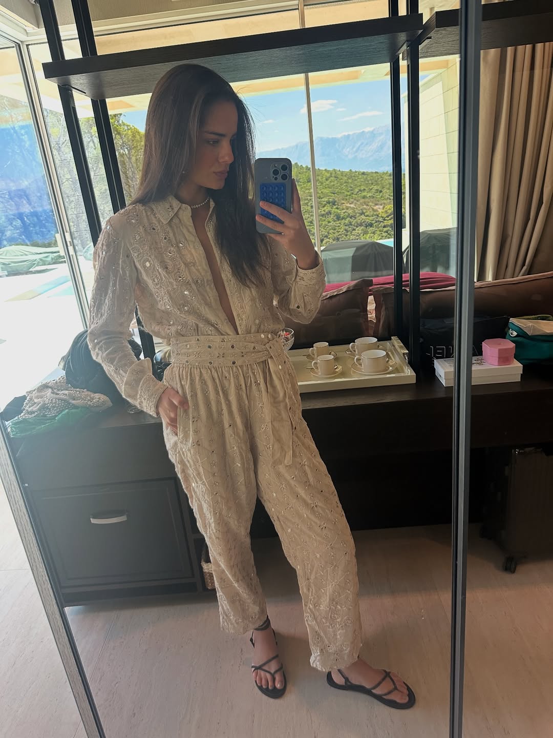 Beige Embroidered Top and Trousers Set