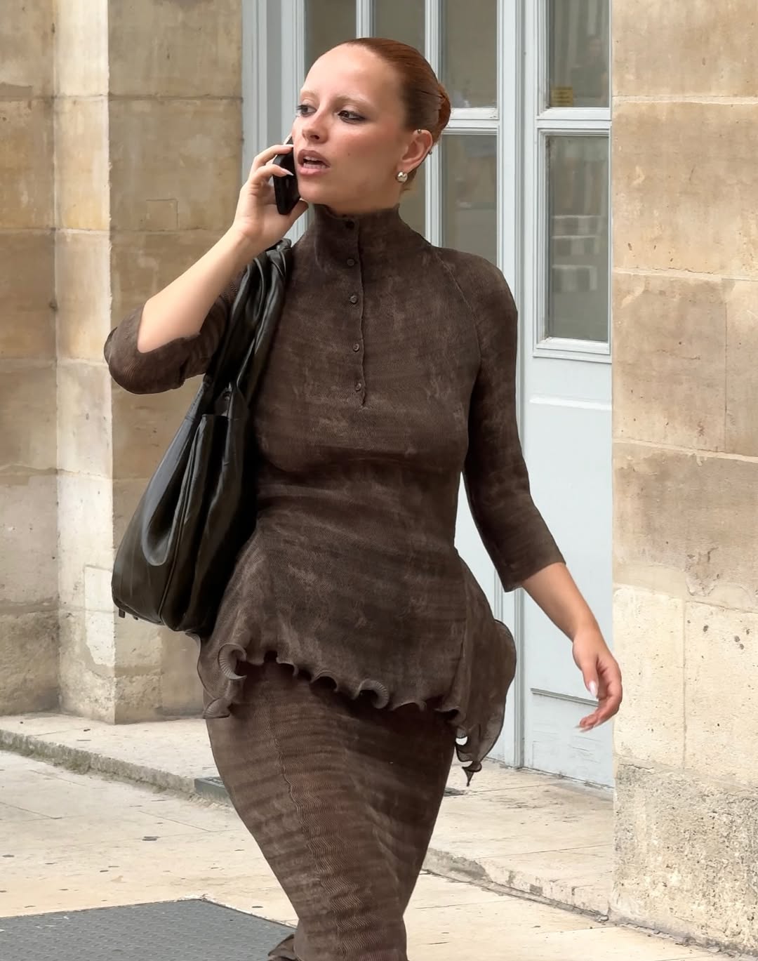 Brown Suede High - Neck Top and Midi Skirt Set