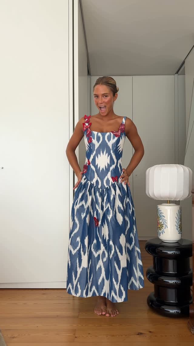 Blue and White Ikat Print Dress with Red Butterfly Embellishments
