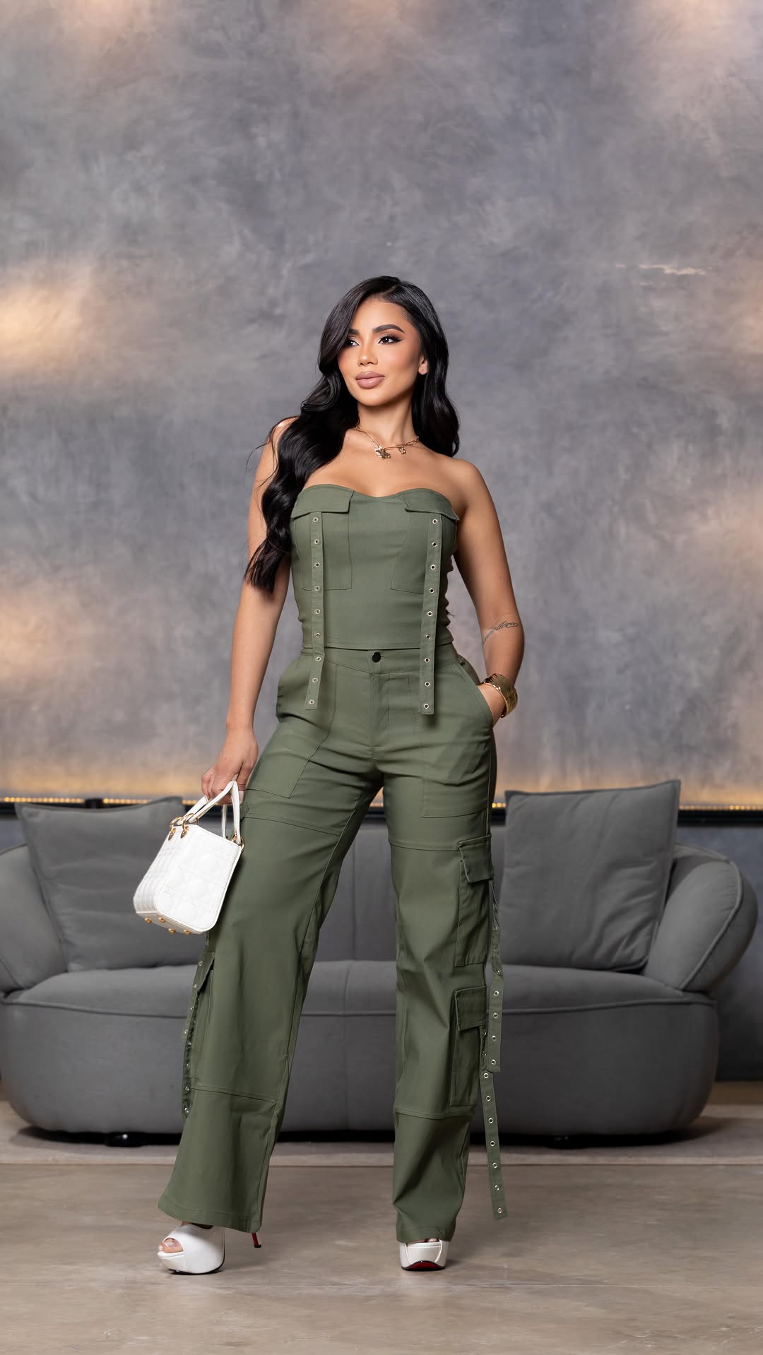 Olive Green Strapless Cargo Jumpsuit
