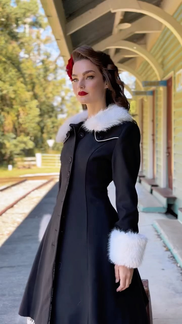 Vintage - inspired Black Coat with Fur Trim