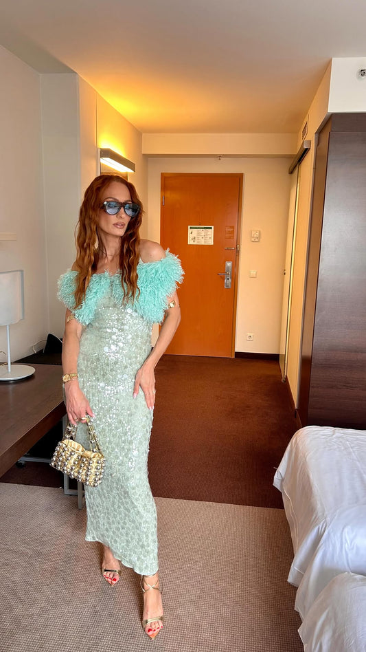 Turquoise Sequin Off - the - Shoulder Dress