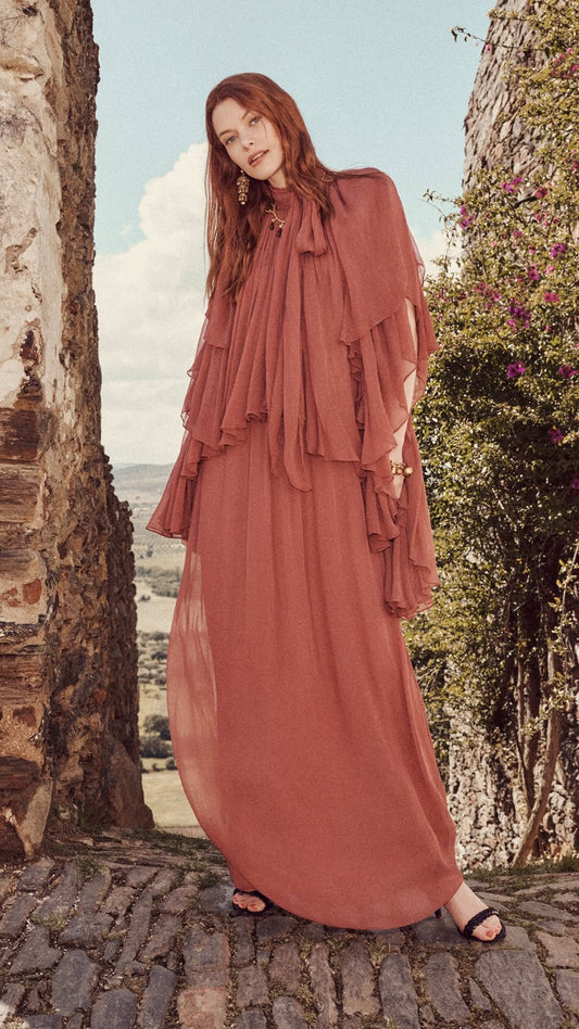 Rusty Pleated Chiffon Maxi Dress