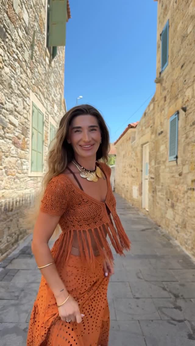 Orange Crochet Fringe Top & Eyelet Skirt Set