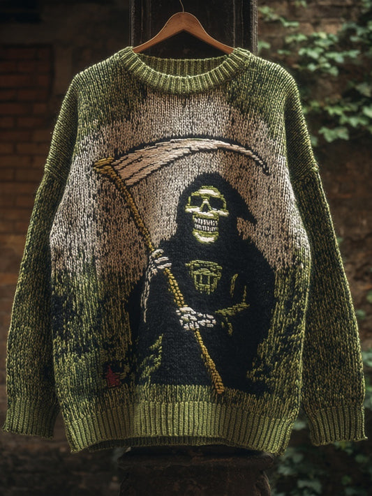 Halloween Spooky Ghoul Embroidered Crew Neck Cozy Knitted Sweater