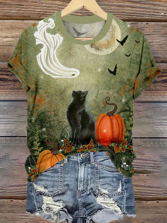 Women's Halloween Cat Print Casual T-Shirt