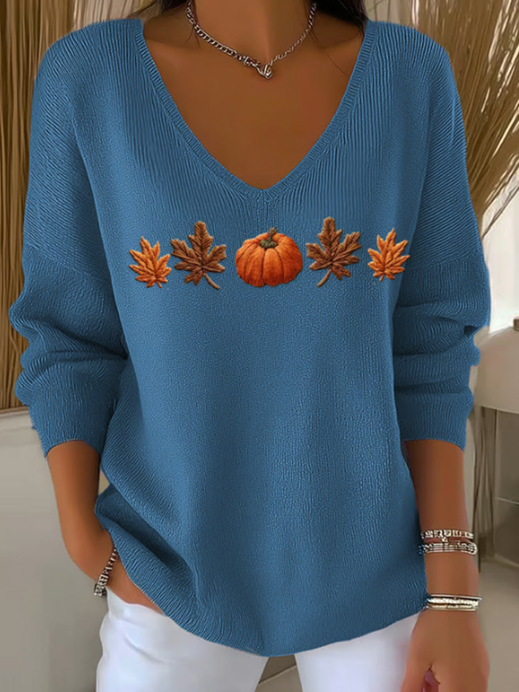 Women's Casual Autumn Maple Leaf Pumpkin Striped Long-sleeved V-neck Top