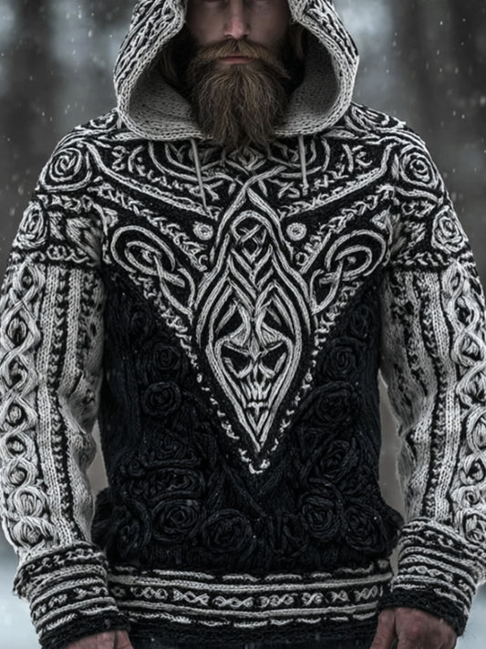 Men's Ethnic Patterned Dark Retro Hooded Knitted Sweater