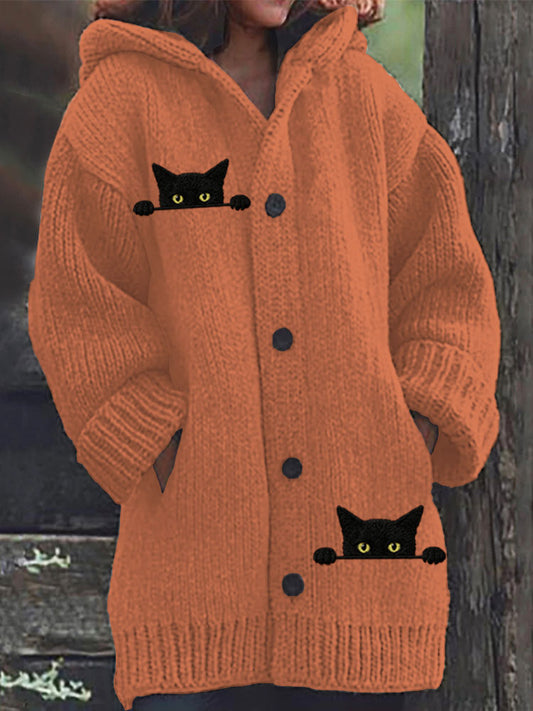 Women's Casual Funny Black Cat Print Hood Sweater