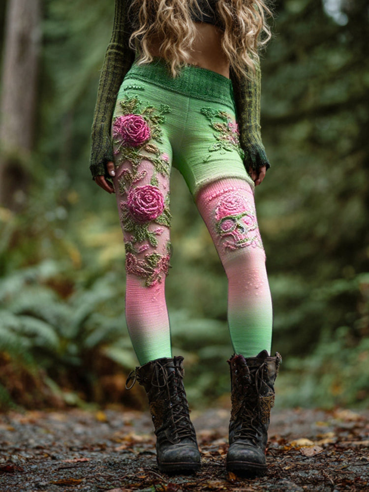 Women's Vintage Skull And Rose Patchwork Comfortable Leggings