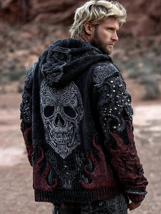 Men's Dark Style Skull And Flame Inspired Knitted Cozy Zipper Up Hooded Cardigan
