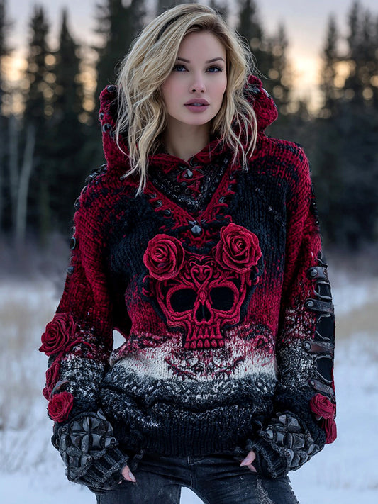 Women's Viking Gothic Rose And Skull Inspired Knit Hooded Sweater