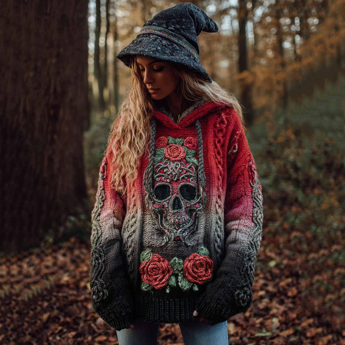 Women's Viking Tribal Jacquard Celtic With Rose And Skull Inspired Chunky Knit Hooded Sweater